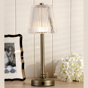 Laura Ashley Callaghan Portable LED Table Lamp In Matt Antique Brass With Ribbed Glass